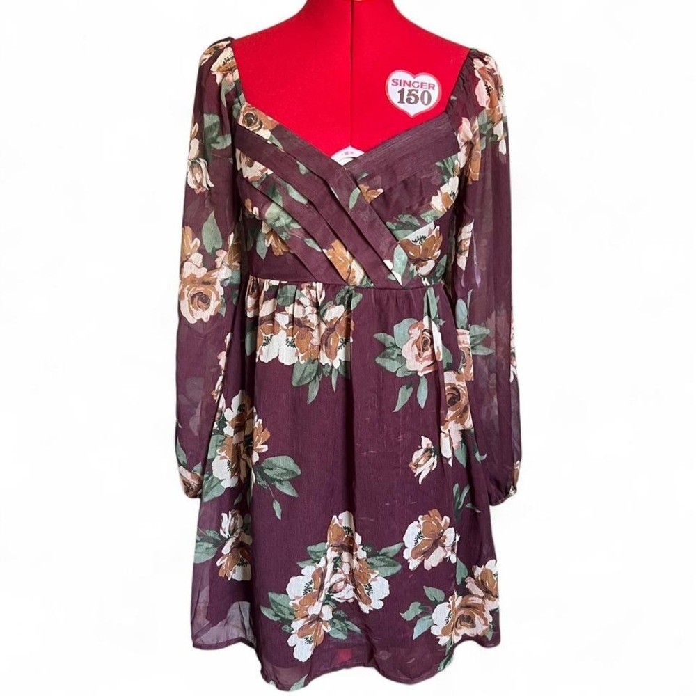 Guess Maroon Floral Balloon Sleeve Dress With Pleated Bust Size Medium